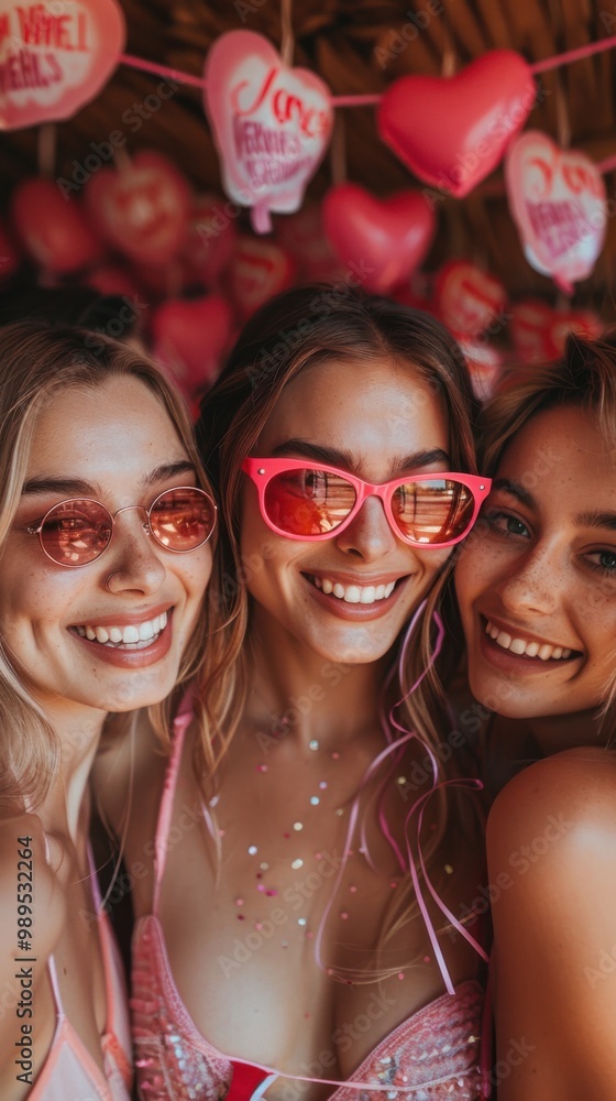 Fototapeta premium Women wearing heart shaped sunglasses pose for a picture, galentines day, portrait, vertical background