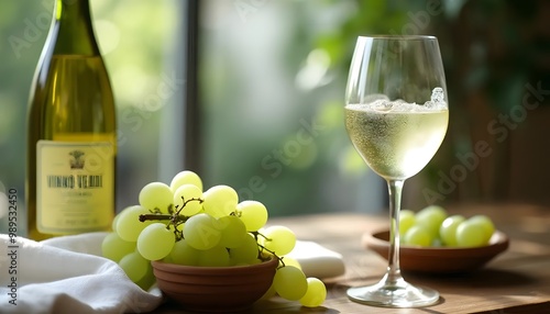 Chilled Glass of Vinho Verde White Wine with Grapes and Bottle in a Bright Setting (Portuguese Cuisine)