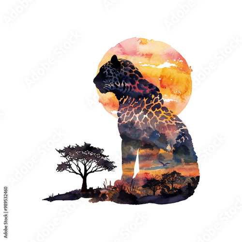 imagine silhouette leopard with savannas scene inside vector illustration in watercolor style