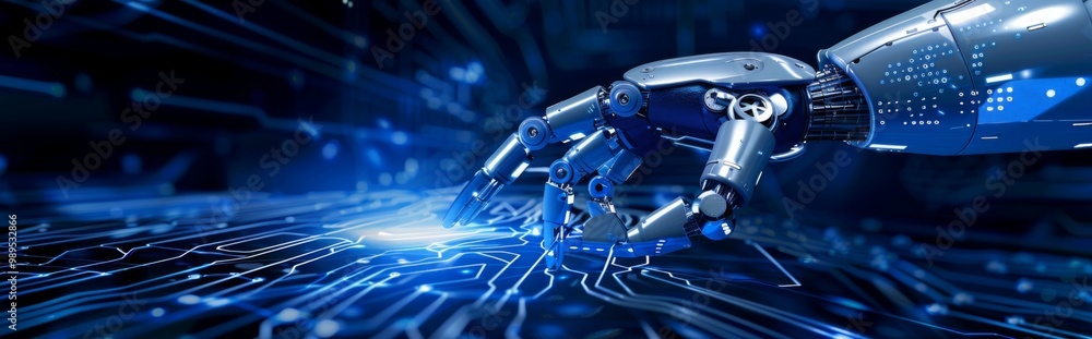 Futuristic design featuring a robot pressing a touch-sensitive surface. Futuristic design featuring a robot pressing a touch-sensitive surface.
