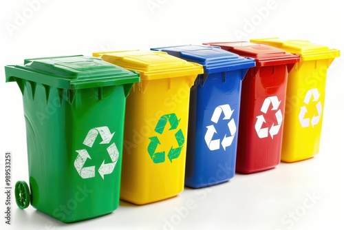 Four color coded recycle bins with symbol on white background