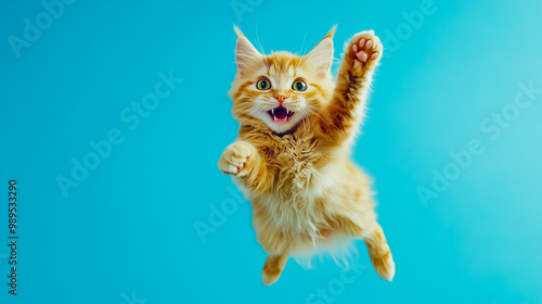 Funny cat flying through the air, mid-jump, with a joyful expression while looking at the camera.