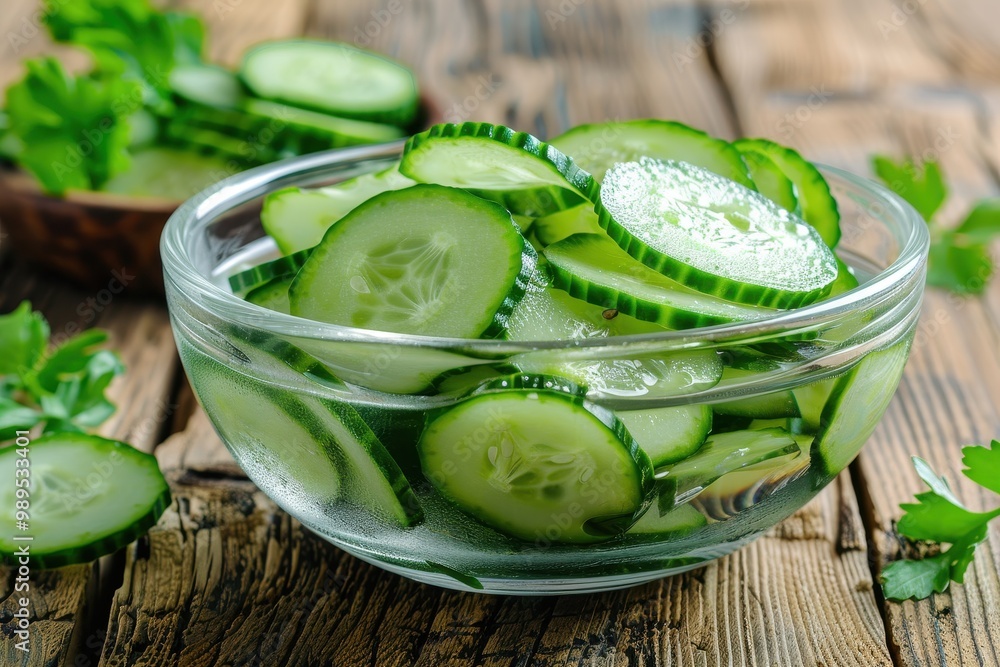 Fresh cucumber slices in a wooden bowl Fresh cucumber slices in a wooden bowl