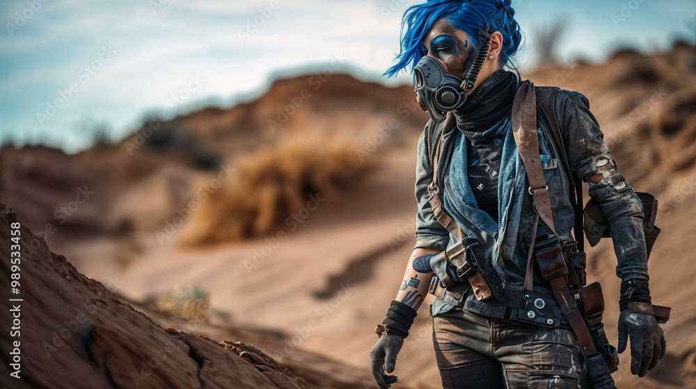 Post-apocalyptic survivor with blue hair and gas mask explores barren desert landscape, embodying resilience and adaptation in harsh environment Post-apocalyptic survivor with blue hair and gas mask explores barren desert landscape, embodying resilience and adaptation in harsh environment