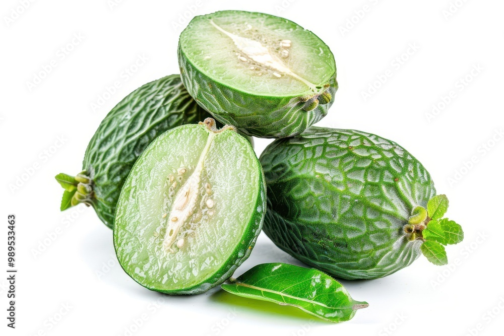 Fresh feijoa on white background tropical fruit whole and half Fresh feijoa on white background tropical fruit whole and half