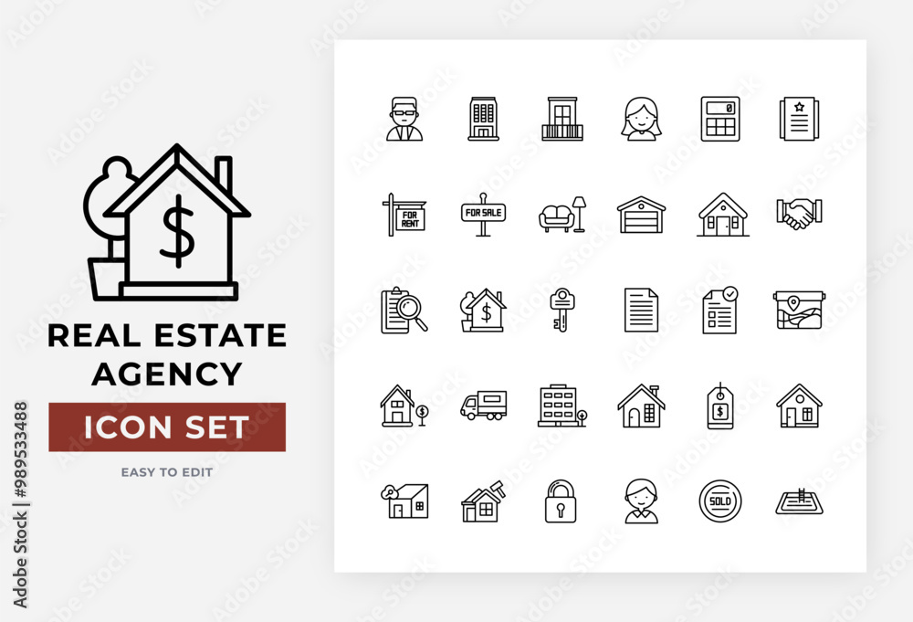 Real Estate Agency minimal thin editable line Web & Apps icon set Collection. Included the icons as rent, property, mortgage, home loan and more. Outline icons collection, Editable Eps.10 Real Estate Agency minimal thin editable line Web & Apps icon set Collection. Included the icons as rent, property, mortgage, home loan and more. Outline icons collection, Editable Eps.10