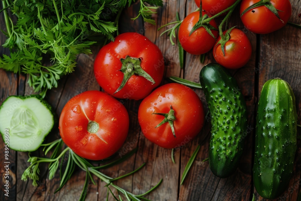 Garden vegetables and herbs on wooden table top view Garden vegetables and herbs on wooden table top view