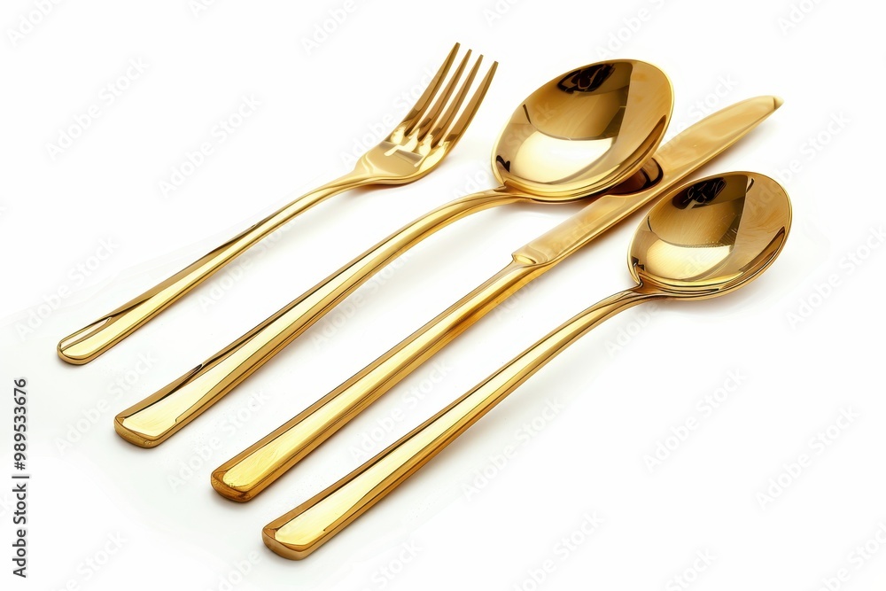 Golden cutlery set isolated on white background with clipping path Golden cutlery set isolated on white background with clipping path