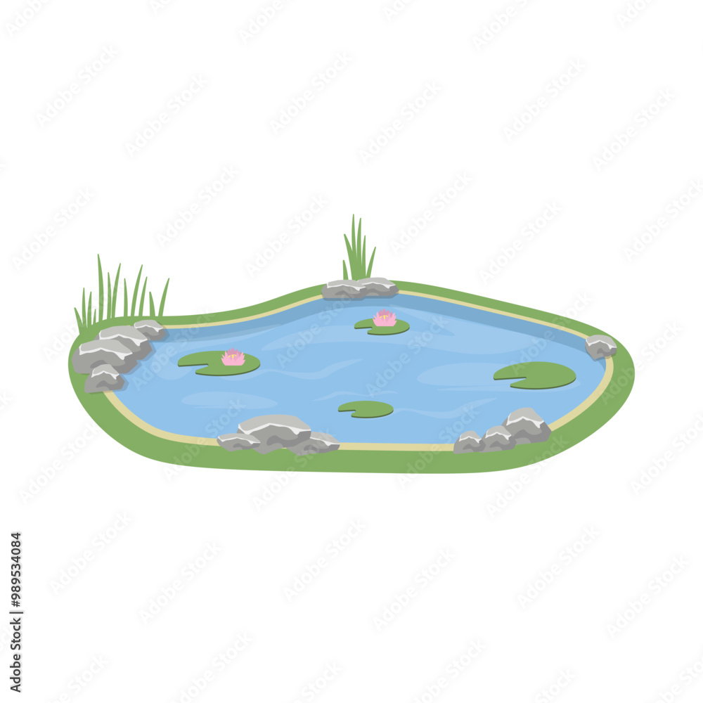 Small pond with water lily. Vector cartoon illustration