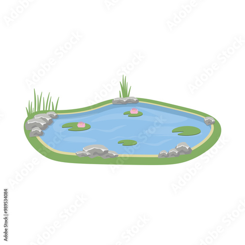 Obraz na płótnie Small pond with water lily. Vector cartoon illustration w salonie