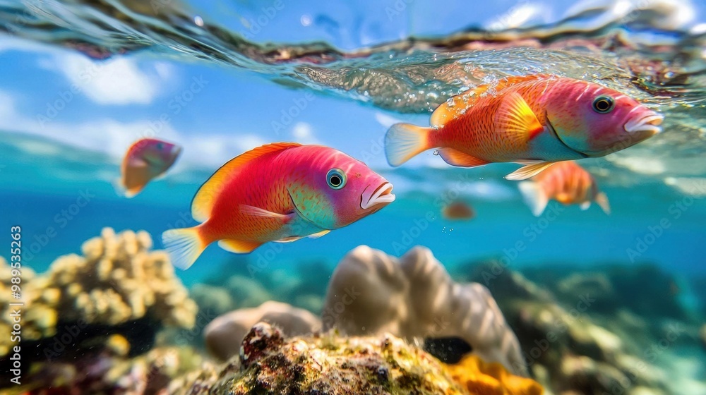 Naklejka premium Colorful Fish Swimming in Crystal Clear Ocean Water