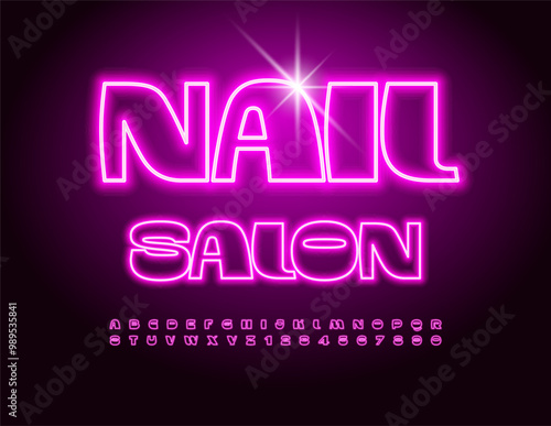 Vector Neon signboard Nail Salon. Elegant Pink Font. Modern Elegant Alphabet Letters and Numbers set.