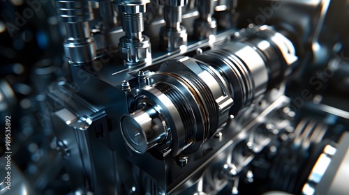 Close-up view of a complex mechanical engine component showcasing intricate details and advanced engineering design.