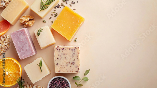 Variety of organic, handmade soap pieces on rustic wood, decorated with plants and flowers, copy space. Handmade soap several pieces on a discreet light background, aesthetic live style.