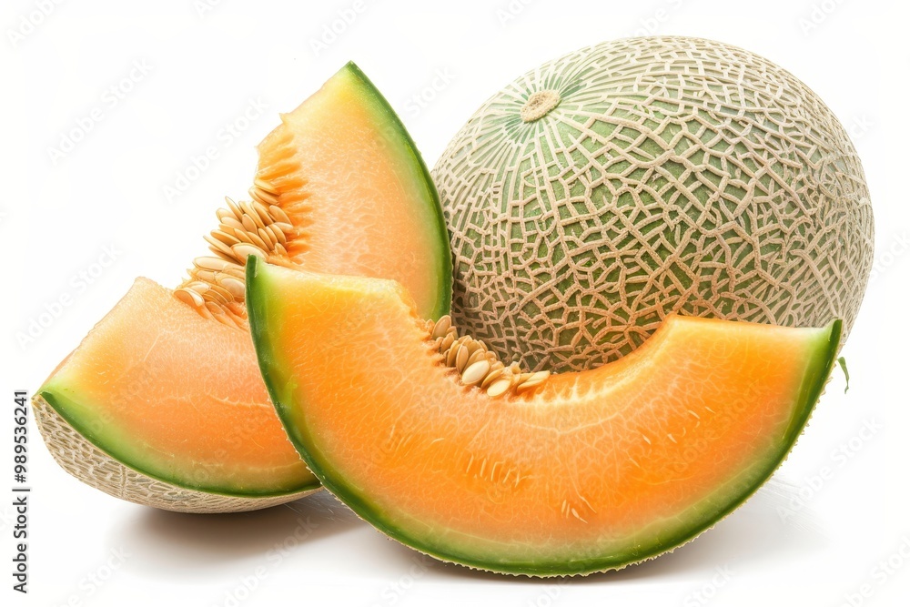 Single slice of cantaloupe on white background Single slice of cantaloupe on white background