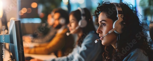 Focused support agent working in a modern call center, providing assistance with a headset and computer in a vibrant environment.