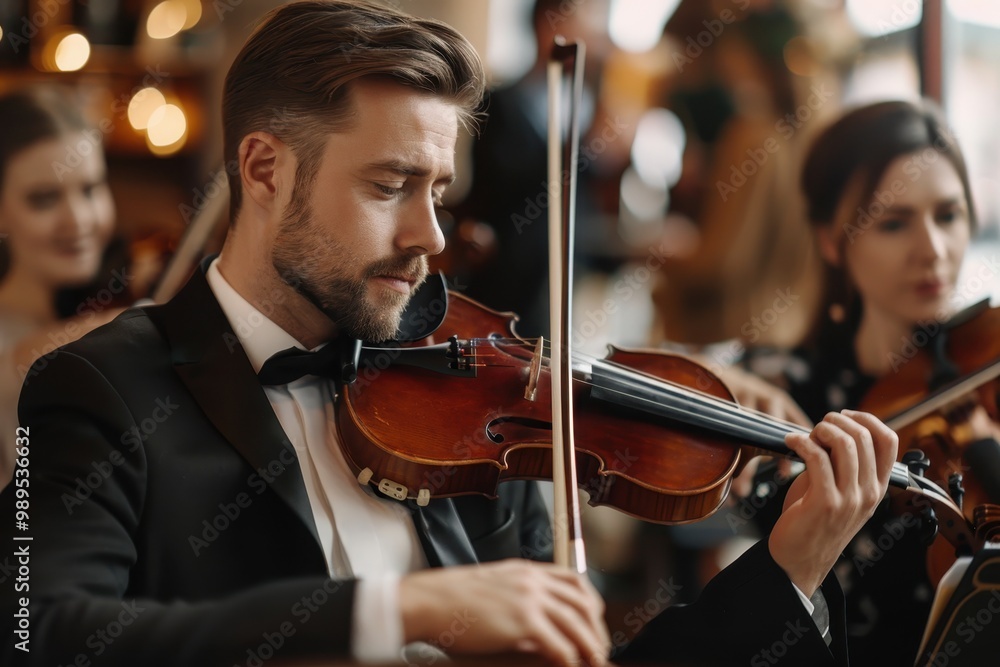Fototapeta premium String quartet performing at wedding reception in restaurant musicians playing violin and cello at theater musical concept