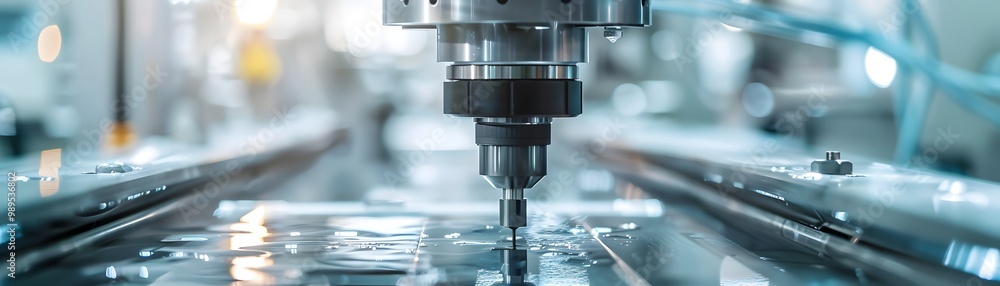 High-tech machinery in a precision manufacturing facility executing intricate engineering tasks on a metal workpiece. High-tech machinery in a precision manufacturing facility executing intricate engineering tasks on a metal workpiece.