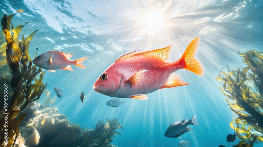 Fototapeta premium Vibrant Underwater Scene with Colorful Fish and Kelp