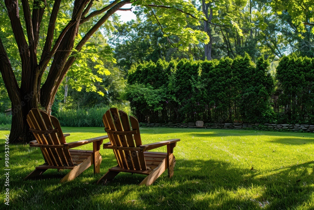 Two wooden chairs on green lawn with trees Two wooden chairs on green lawn with trees