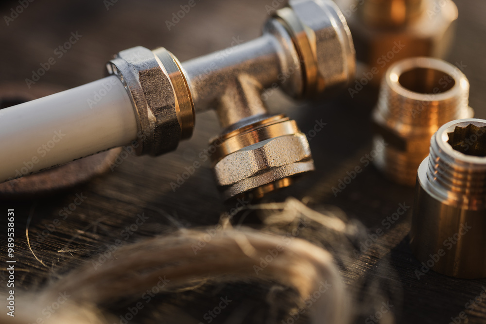 Brass plumbing fittings and PEX pipe fittings lying on an old wooden countertop, next to a tool, plumbing wrenches (selective focus) Brass plumbing fittings and PEX pipe fittings lying on an old wooden countertop, next to a tool, plumbing wrenches (selective focus)