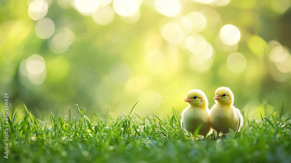 Small newborn chicks stands on green grass. Spring mood. Background for an Easter greeting or a postcard Small newborn chicks stands on green grass. Spring mood. Background for an Easter greeting or a postcard