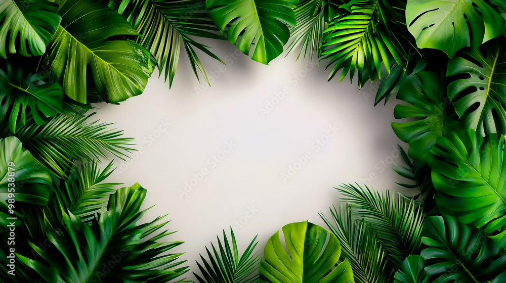 Tropical leaves and palm fronds frame a blank white paper for text. Tropical leaves and palm fronds frame a blank white paper for text.