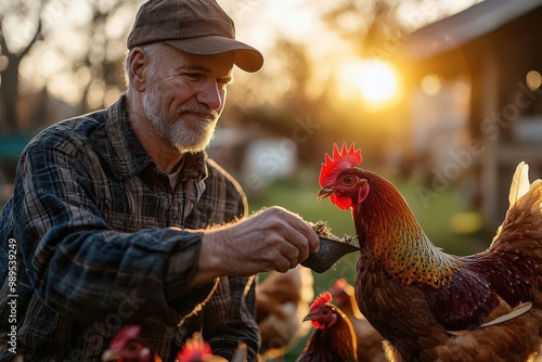 A farmer feeding his chickens at sunset, showcasing the bond between humans and animals in a serene rural setting.