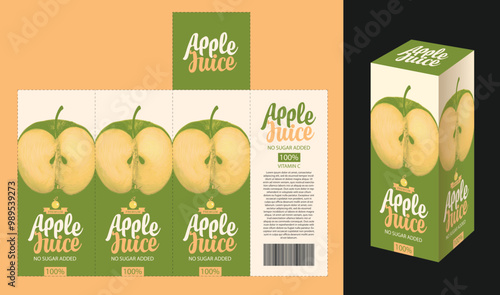 vector mockup template of cardboard packaging box for apple juice with realistic pattern of green half apple. Suitable for packaging and label design