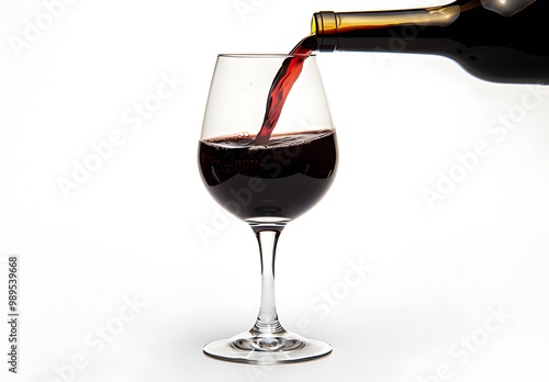 A close-up of the moment when red wine is poured from a bottle into a clear glass.