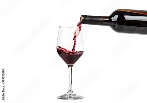 A close-up of the moment when red wine is poured from a bottle into a clear glass.