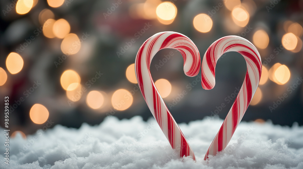 Candy cane hearts arranged in the snow with glowing Christmas lights in the background, creating a festive and romantic holiday mood