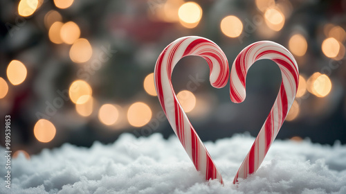 Obraz na płótnie Candy cane hearts arranged in the snow with glowing Christmas lights in the background, creating a festive and romantic holiday mood w salonie