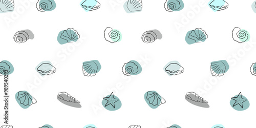 Seamless pattern with abstract line silhouettes of sea shells and simple spots. Vector graphics.