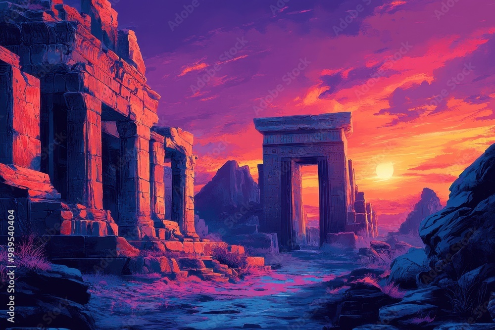 Ancient Ruins at Sunset in a Desolate Landscape Ancient Ruins at Sunset in a Desolate Landscape