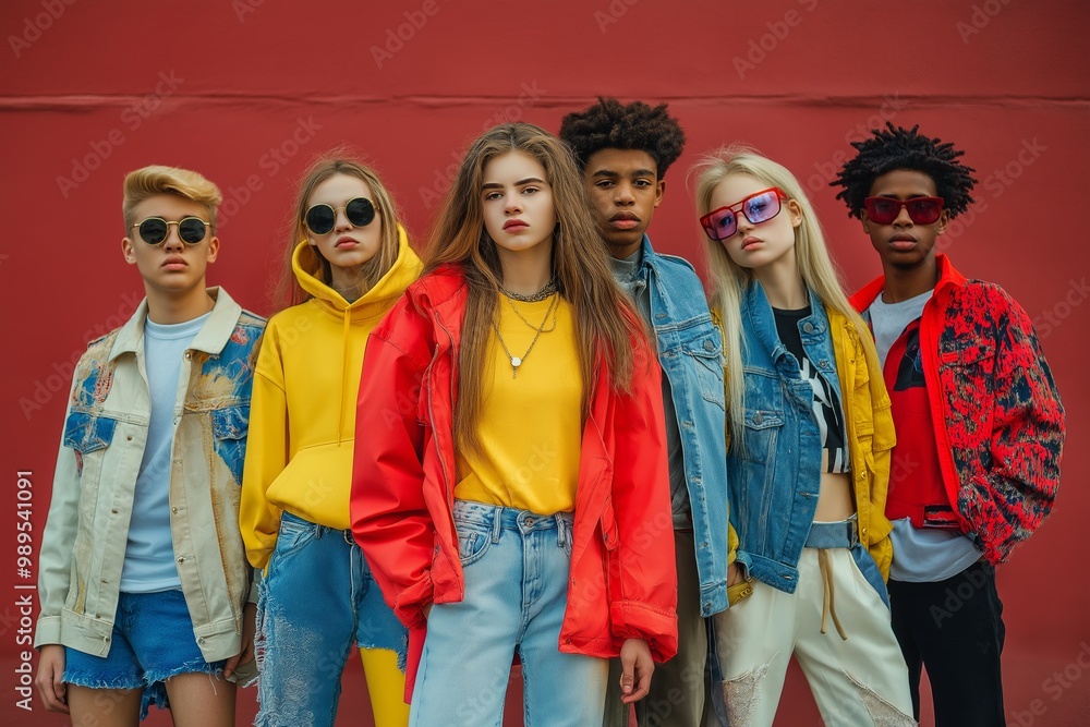 Obraz premium A diverse group of stylish young people poses confidently against a vibrant red wall wearing trendy streetwear in an urban setting