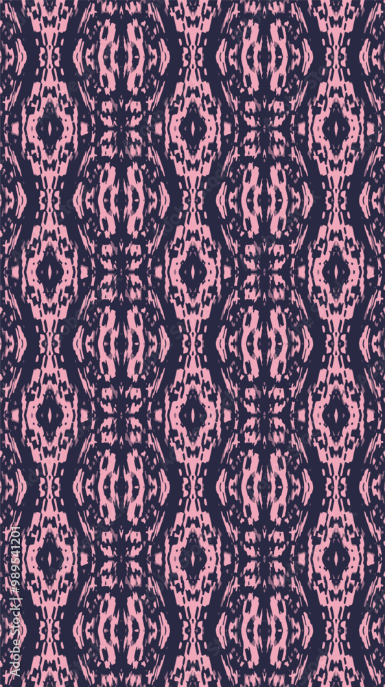Fototapeta premium Seamless repeating pattern of intricate, geometric shapes. A deep navy blue and a soft pink. Interconnected shapes, creating a complex and visually interesting tapestry. Kaleidoscope abstract. 