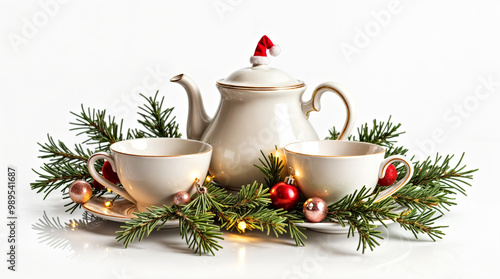 Wallpaper Mural Festive Tea Set with Christmas Decorations and Santa Hat on White Background Torontodigital.ca