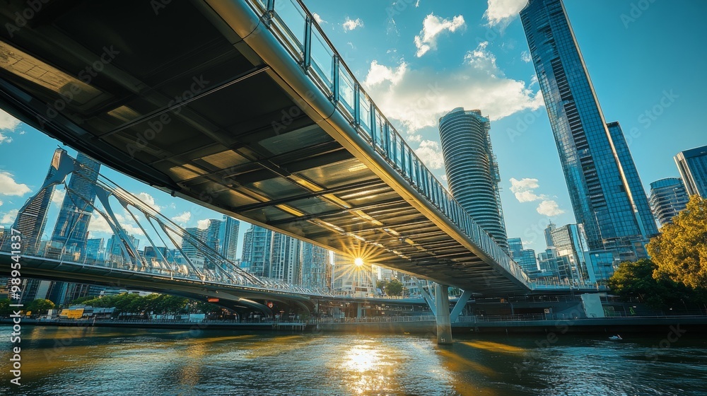 Naklejka premium Modern Bridge Over River with Cityscape and Sunset