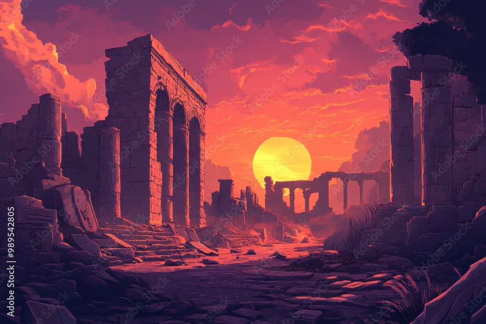 Fototapeta premium Ruins of an Ancient City at Sunset