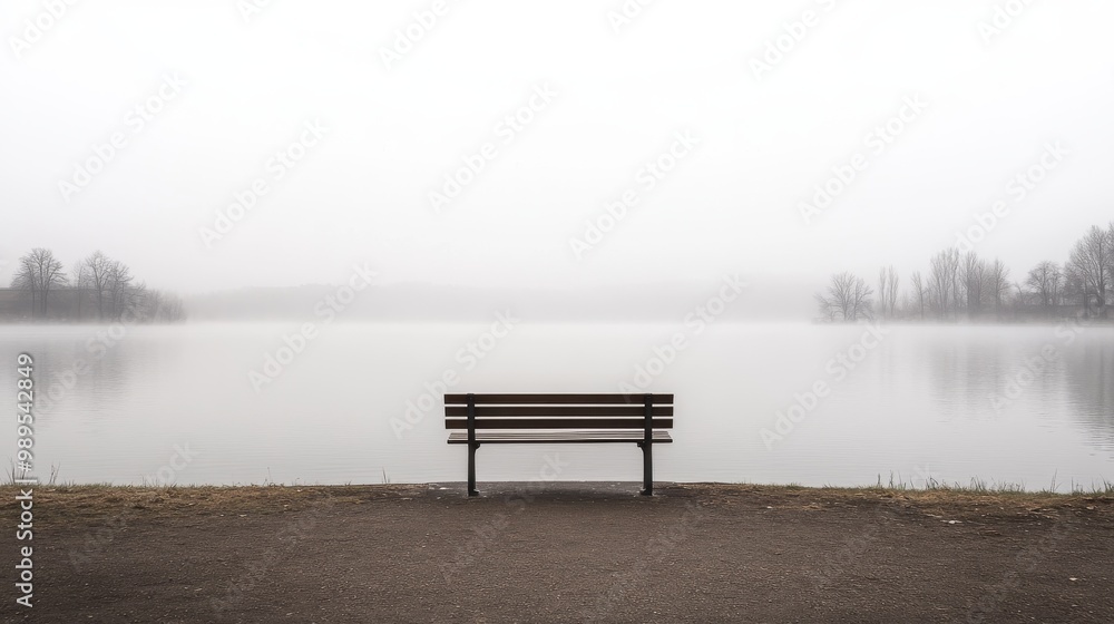 Solitude by the Foggy Lake: A Serene Bench Scene Solitude by the Foggy Lake: A Serene Bench Scene
