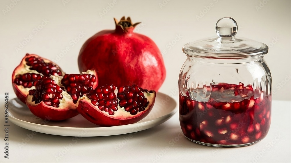 A jar of pomegranate jam next to a partially opened pomegranate, highlighting the rich color and juicy seeds within. AI Generated Image A jar of pomegranate jam next to a partially opened pomegranate, highlighting the rich color and juicy seeds within. AI Generated Image