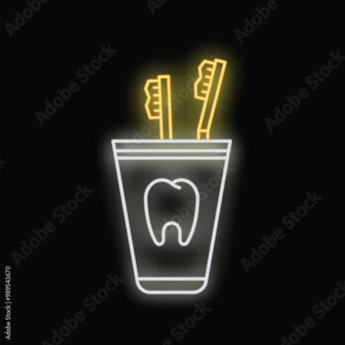 Glowing neon sign depicting good oral hygiene practices with two toothbrushes in a cup