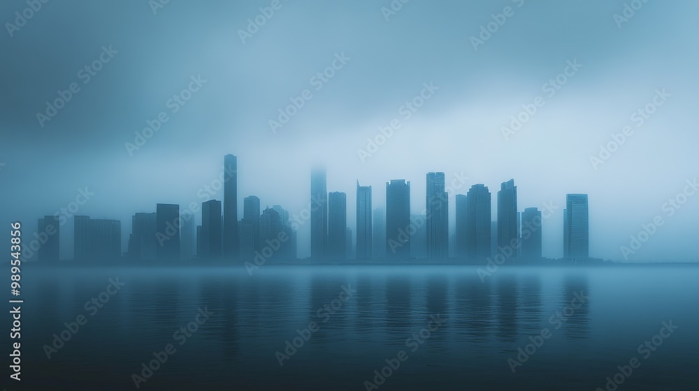 Misty Cityscape with Reflections on Water Misty Cityscape with Reflections on Water
