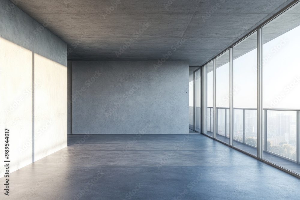 Fototapeta premium Contemporary White Living Space with Gray Tones and Urban Views