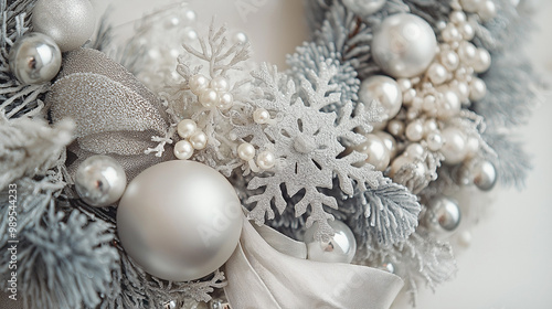 Elegant silver and white Christmas wreath with snowflakes, ornaments, and ribbons, adding a touch of luxury to holiday decor