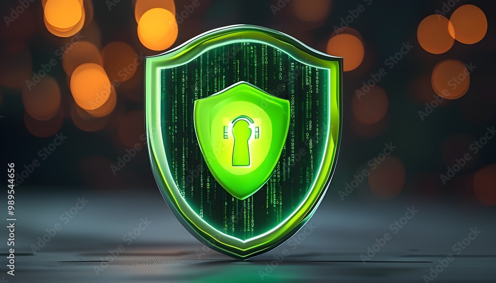 Futuristic shield icon with green binary code and network connections ...