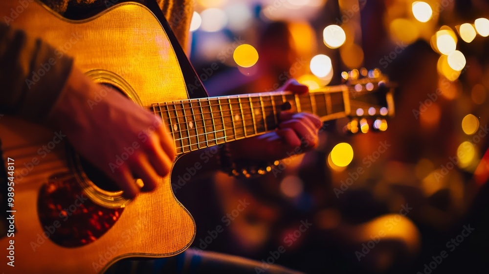 Obraz premium Close-up of a Musician Playing Acoustic Guitar on Stage
