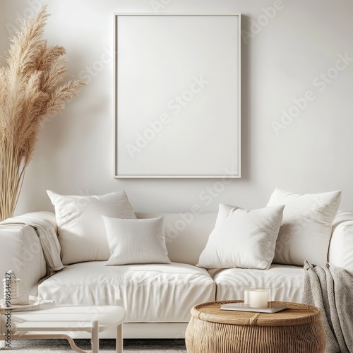 Stylish Interior Design Mockup Frame in White Living Room with Modern Furniture