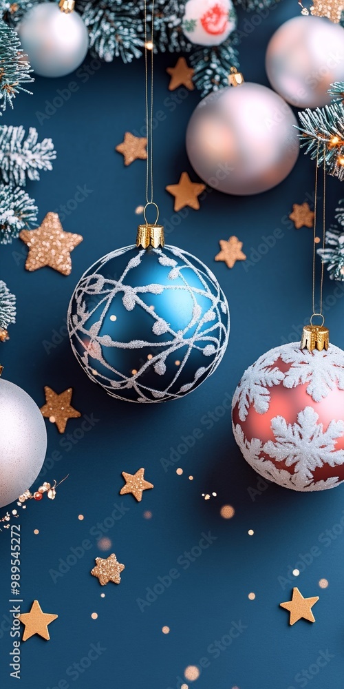 Fototapeta premium Colorful Christmas vertical poster and banner, greeting card, flyer or brochure cover. Happy New Year and Merry Christmas festive background